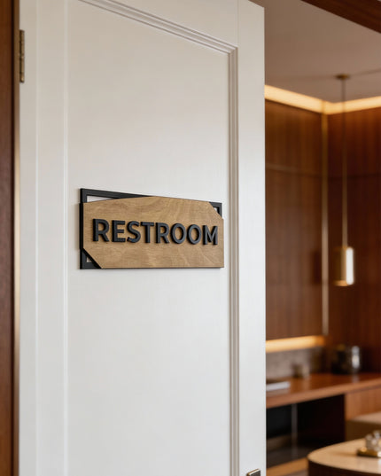 ALUMADESIGNCO minimalist door sign with birch wood base and black acrylic lettering, custom room plaque for offices, hotels, apartments, and modern interiors