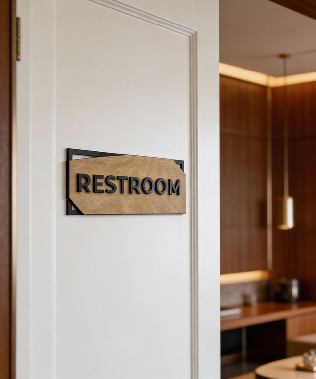 ALUMADESIGNCO minimalist door sign with birch wood base and black acrylic lettering, custom room plaque for offices, hotels, apartments, and modern interiors