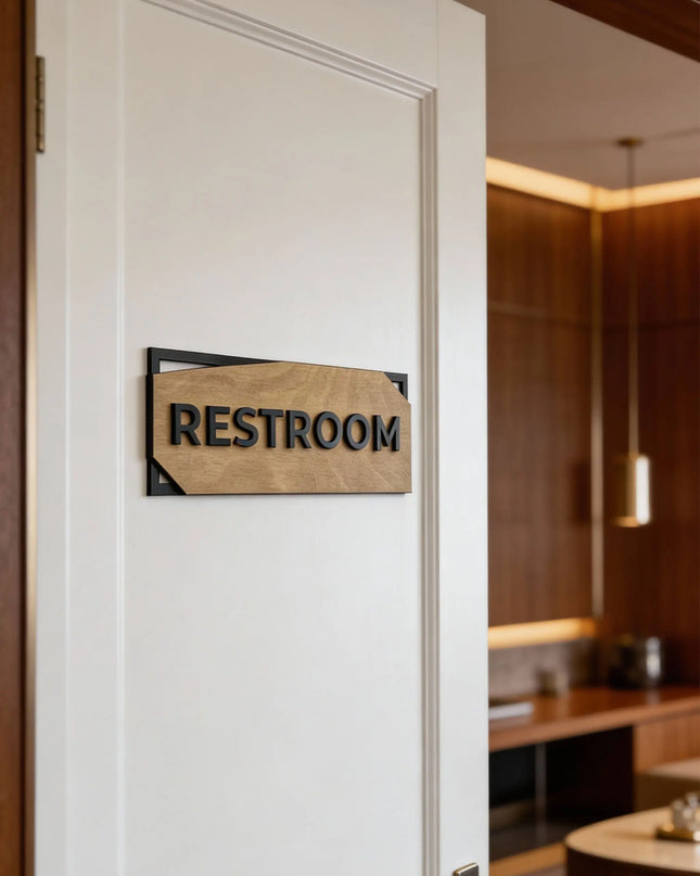 ALUMADESIGNCO minimalist door sign with birch wood base and black acrylic lettering, custom room plaque for offices, hotels, apartments, and modern interiors