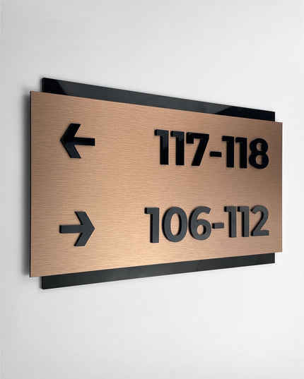 Premium personalized directional wall sign by ALUMADESIGNCO featuring Modern Design, modern wayfinding signage for offices, hotels, corridors, and interior spaces