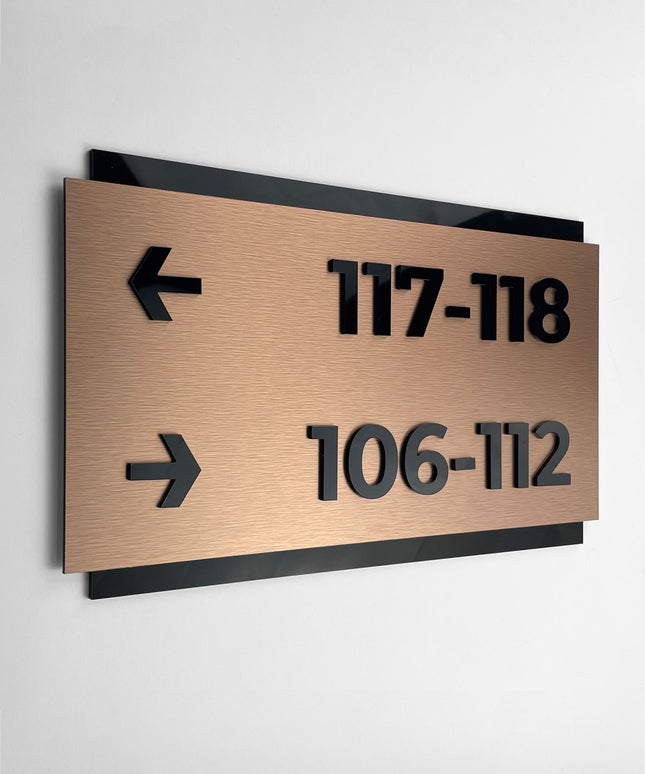 Premium personalized directional wall sign by ALUMADESIGNCO featuring Modern Design, modern wayfinding signage for offices, hotels, corridors, and interior spaces