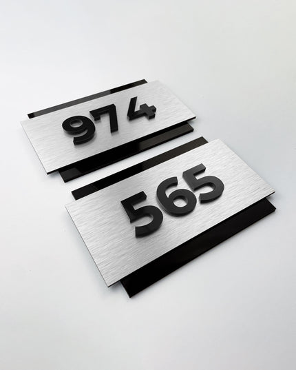 Elegant acrylic and brushed metal room number sign by ALUMADESIGNCO, premium door plaque for hotel rooms, apartment doors, and contemporary interiors
