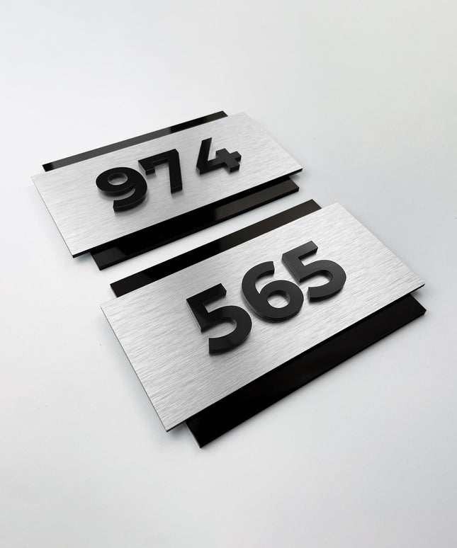 Elegant acrylic and brushed metal room number sign by ALUMADESIGNCO, premium door plaque for hotel rooms, apartment doors, and contemporary interiors