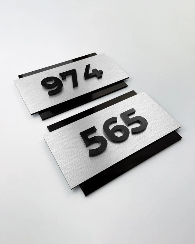 Elegant acrylic and brushed metal room number sign by ALUMADESIGNCO, premium door plaque for hotel rooms, apartment doors, and contemporary interiors
