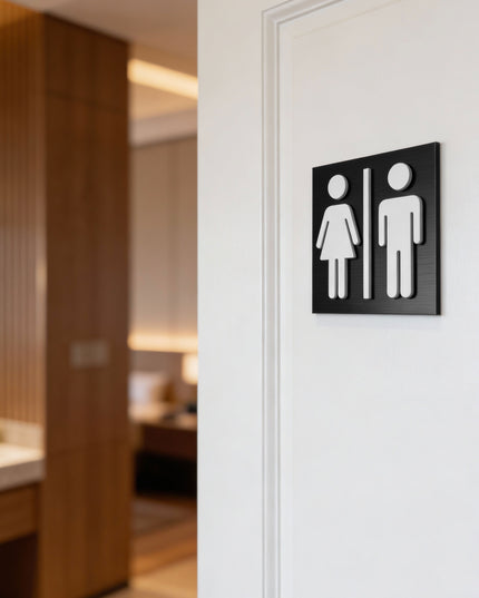 Male and female restroom sign by ALUMADESIGNCO, modern bathroom door plaque for hotels, offices, cafés, and public interior spaces