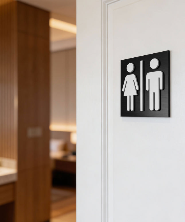 Male and female restroom sign by ALUMADESIGNCO, modern bathroom door plaque for hotels, offices, cafés, and public interior spaces