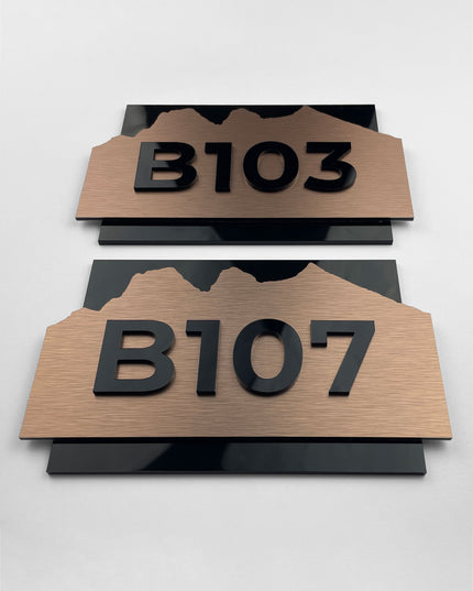 ALUMADESIGNCO Alpine custom hotel door number sign with raised acrylic numbers, modern signage for boutique hotels, Airbnb properties, and office interiors