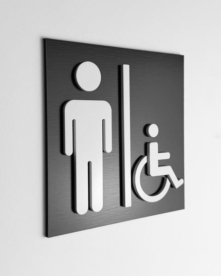 ALUMADESIGNCO men’s and disabled restroom sign with male and wheelchair symbols, premium accessible bathroom door signage for offices, hotels, cafés, and commercial interiors