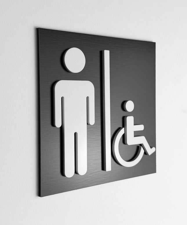 ALUMADESIGNCO men’s and disabled restroom sign with male and wheelchair symbols, premium accessible bathroom door signage for offices, hotels, cafés, and commercial interiors
