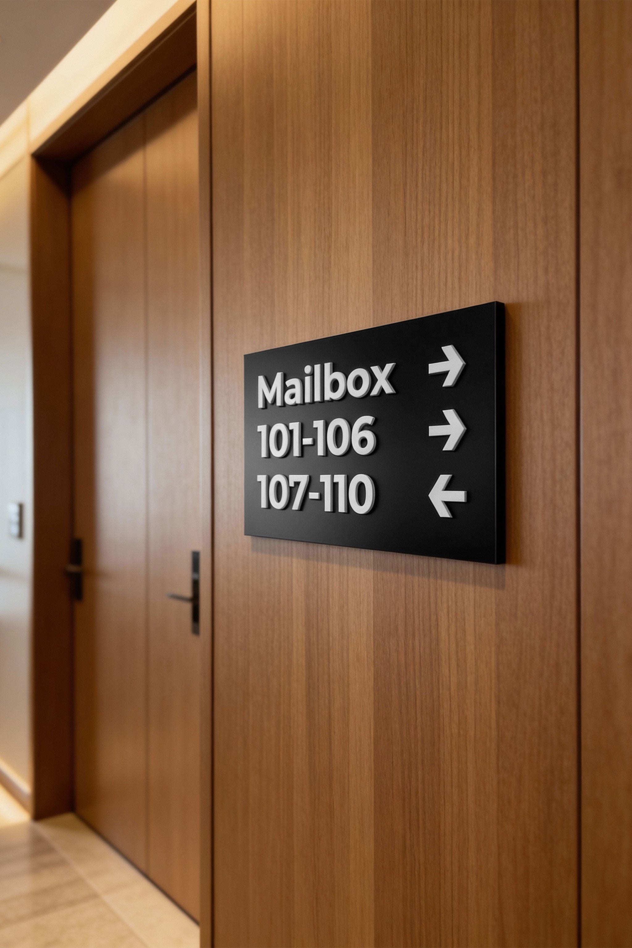 ALUMADESIGNCO Modern Design black and white wayfinding wall plaque with custom directional text, premium signage for offices, hotels, apartments, and contemporary interiors