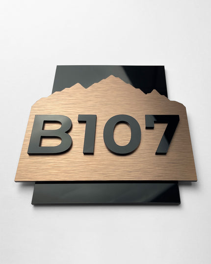 ALUMADESIGNCO luxury bronze hotel room number sign Alpine Design with acrylic numbers, stylish door signage for hotels, apartments, and office spaces