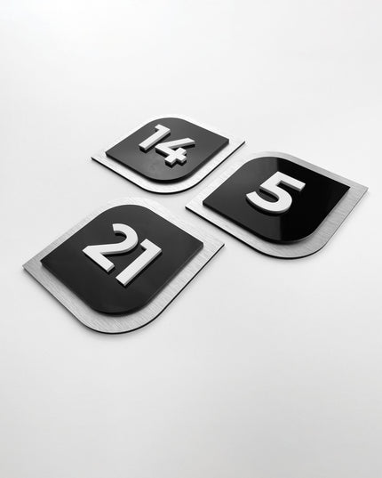 ALUMADESIGNCO 3D door number sign for hotel interiors with acrylic numbers, premium signage for boutique hotels, offices, and residential spaces