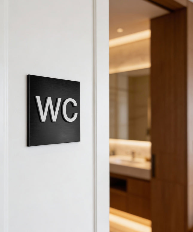 WC bathroom sign by ALUMADESIGNCO, modern restroom door plaque for hotels, offices, restaurants, and public interior spaces