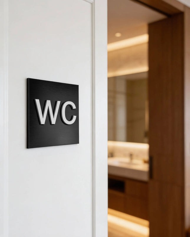 WC bathroom sign by ALUMADESIGNCO, modern restroom door plaque for hotels, offices, restaurants, and public interior spaces
