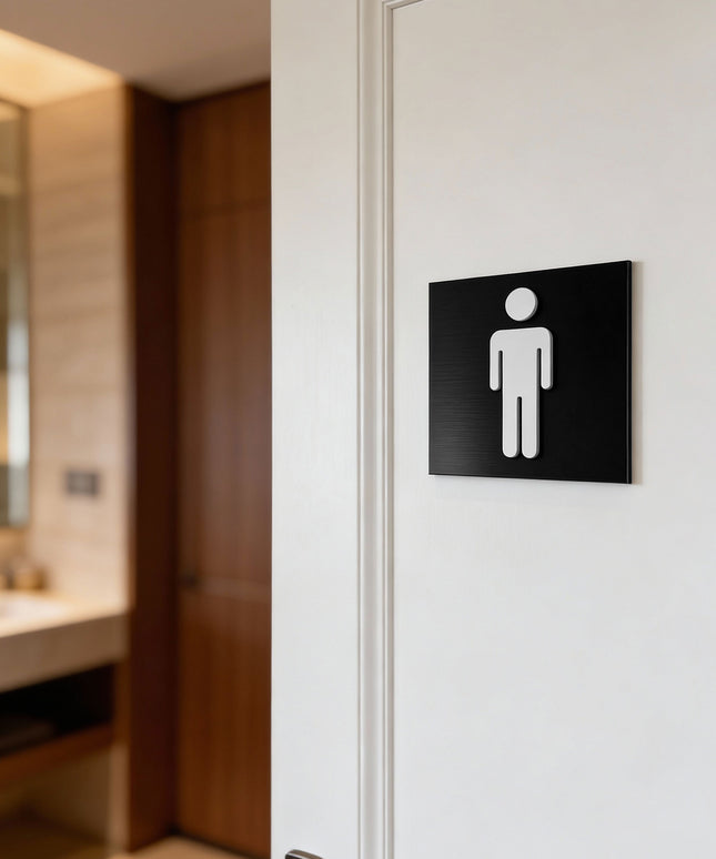 Men’s restroom sign by ALUMADESIGNCO, modern toilet door plaque for hotels, offices, restaurants, and public interior spaces
