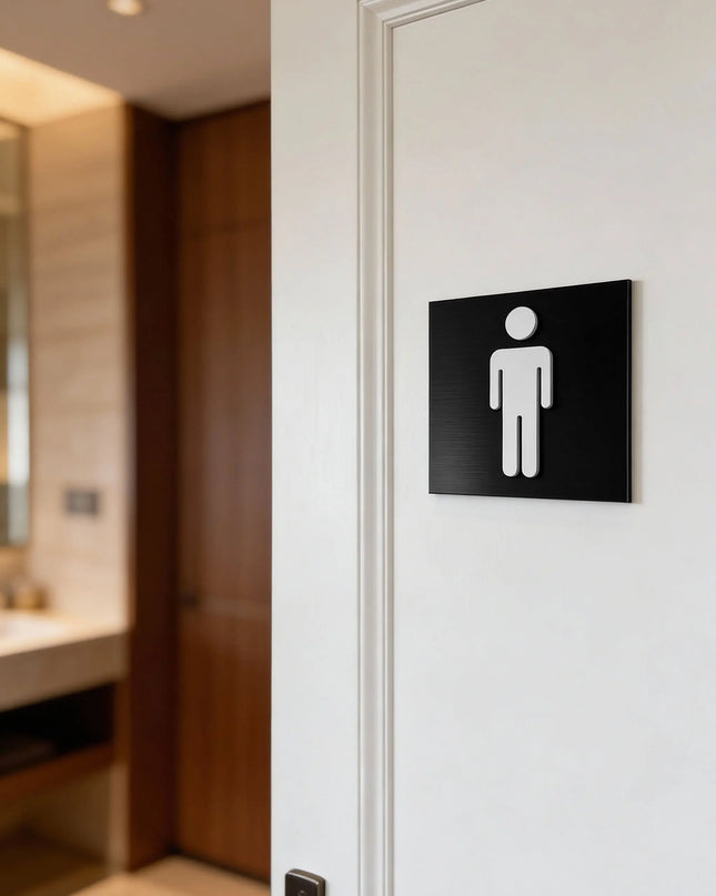 Men’s restroom sign by ALUMADESIGNCO, modern toilet door plaque for hotels, offices, restaurants, and public interior spaces