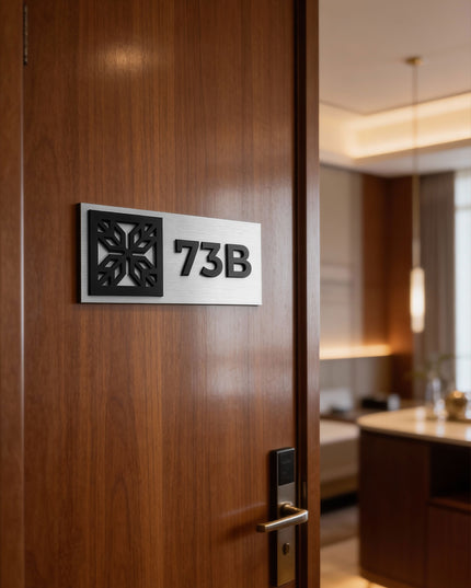 ALUMADESIGNCO modern suite door number plaque with brushed silver metal panel and acrylic glass numbers, premium signage for hospitality interiors