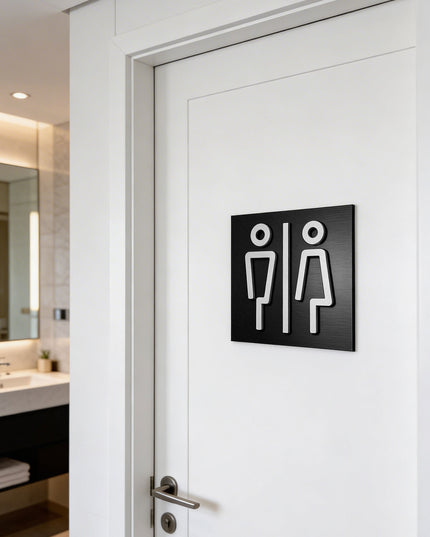 Modern women and men bathroom sign by ALUMADESIGNCO featuring clean durable style, elegant restroom signage for hotels, cafés, offices, and public interiors