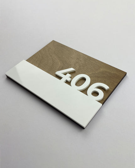 Modern Horizon Design birch wood interior door number sign by ALUMADESIGNCO with raised white acrylic glass numbers, stylish signage for contemporary hotel and apartment interiors