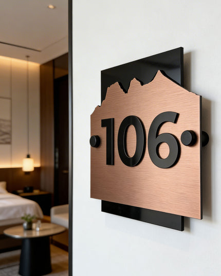 ALUMADESIGNCO Alpine Design bronze metal and acrylic wall number sign with standoff mounting, modern room number signage for hotels and hospitality interiors