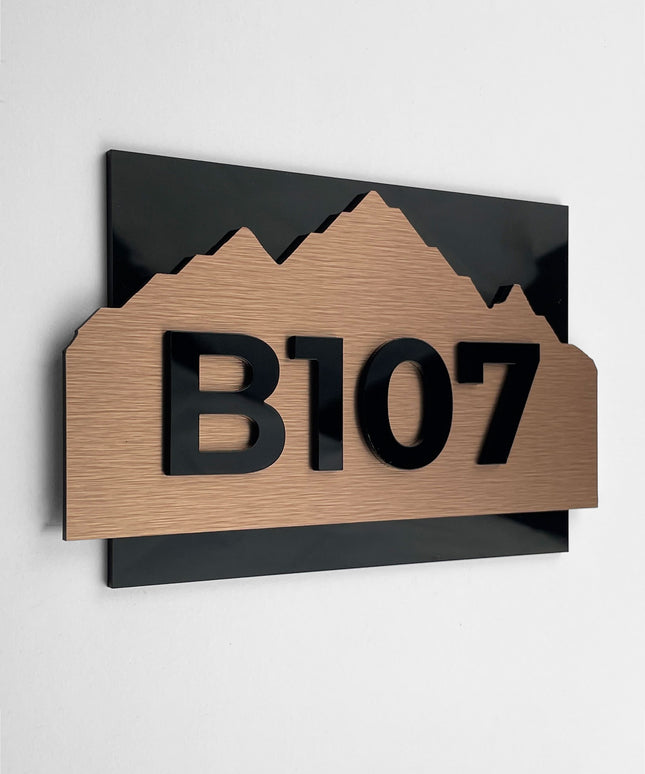ALUMADESIGNCO Alpine Design modern brushed bronze room number sign with raised acrylic numbers, premium door signage for hotels, apartments, Airbnb properties, and offices