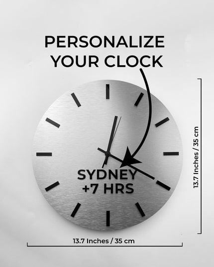 ALUMADESIGNCO modern world time zone clock in brushed silver finish with custom city labels, stylish wall décor for offices, hotels, apartments, and contemporary interiors