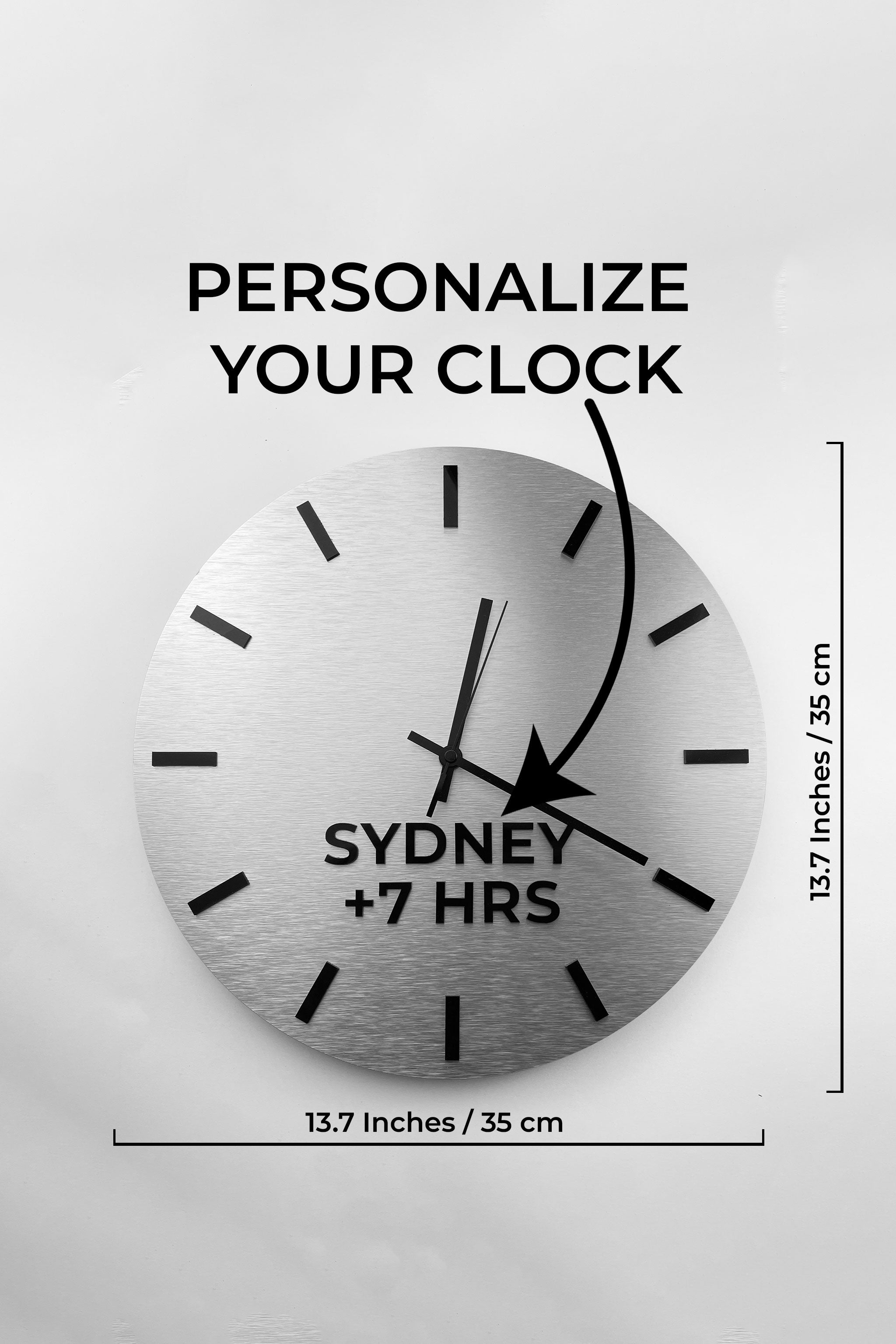 ALUMADESIGNCO modern world time zone clock in brushed silver finish with custom city labels, stylish wall décor for offices, hotels, apartments, and contemporary interiors