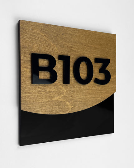 Premium Flow Design hotel room number sign by ALUMADESIGNCO combining wood base and acrylic numbers, modern door signage for hospitality interiors