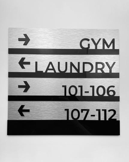 ALUMADESIGNCO Modern Design directional wall plaque with elegant custom text, premium wayfinding signage for offices, hospitality spaces, and apartments