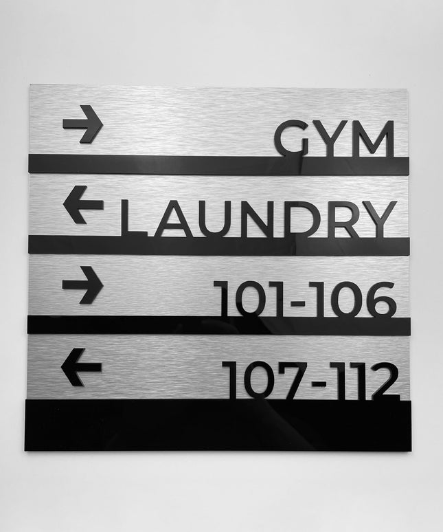 ALUMADESIGNCO Modern Design directional wall plaque with elegant custom text, premium wayfinding signage for offices, hospitality spaces, and apartments