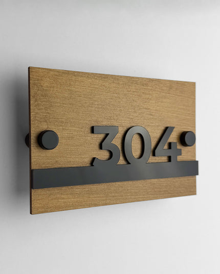 Wooden standoff apartment door number sign Horizon Design by ALUMADESIGNCO featuring natural birch plywood and raised acrylic numbers for modern apartment and hotel interiors