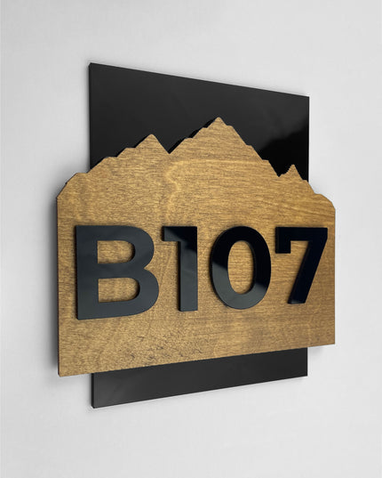 Modern Alpine Design wooden hotel room number plaque by ALUMADESIGNCO combining birch wood and acrylic numbers, stylish door signage for hospitality interiors
