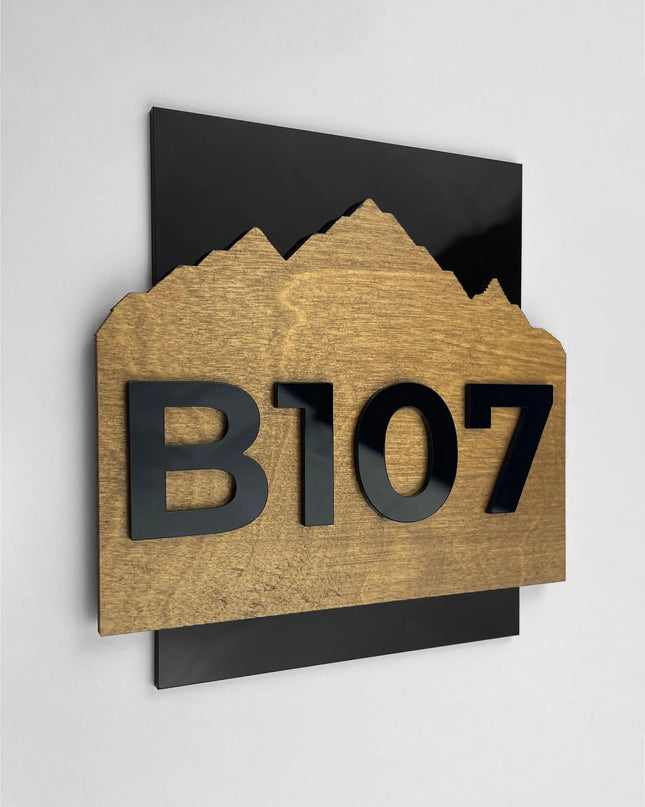 Modern Alpine Design wooden hotel room number plaque by ALUMADESIGNCO combining birch wood and acrylic numbers, stylish door signage for hospitality interiors