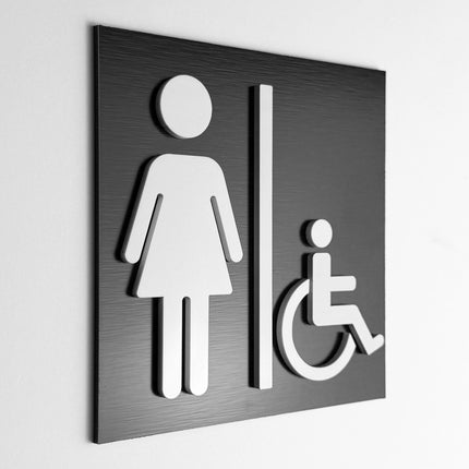 ALUMADESIGNCO women’s and handicap restroom sign with female and wheelchair symbols, premium accessible bathroom door signage for offices, hotels, cafés, and commercial interiors