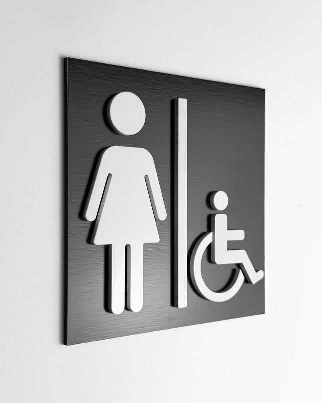 ALUMADESIGNCO women’s and handicap restroom sign with female and wheelchair symbols, premium accessible bathroom door signage for offices, hotels, cafés, and commercial interiors