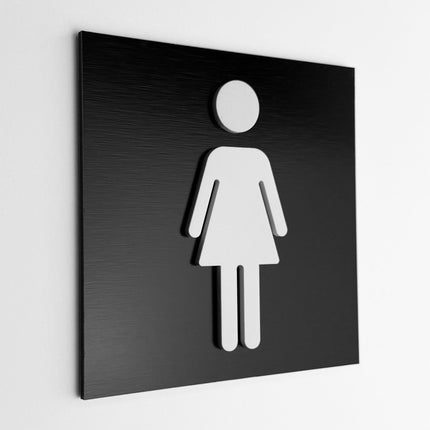 ALUMADESIGNCO women’s restroom sign with modern pictogram, stylish and durable bathroom door signage for offices, hotels, cafés, and commercial interiors