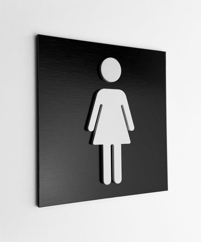 ALUMADESIGNCO women’s restroom sign with modern pictogram, stylish and durable bathroom door signage for offices, hotels, cafés, and commercial interiors