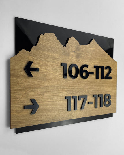 ALUMADESIGNCO Alpine directional wall sign with natural birch wood and black acrylic lettering, stylish signage for offices, hospitality spaces, apartment buildings, and interiors