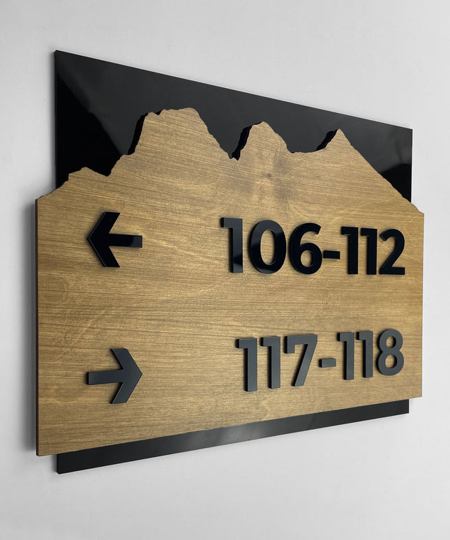 ALUMADESIGNCO Alpine directional wall sign with natural birch wood and black acrylic lettering, stylish signage for offices, hospitality spaces, apartment buildings, and interiors
