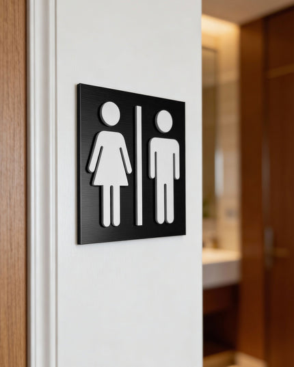 Premium male and female restroom plaque by ALUMADESIGNCO, modern toilet door sign for hospitality interiors, cafés, offices, and public spaces