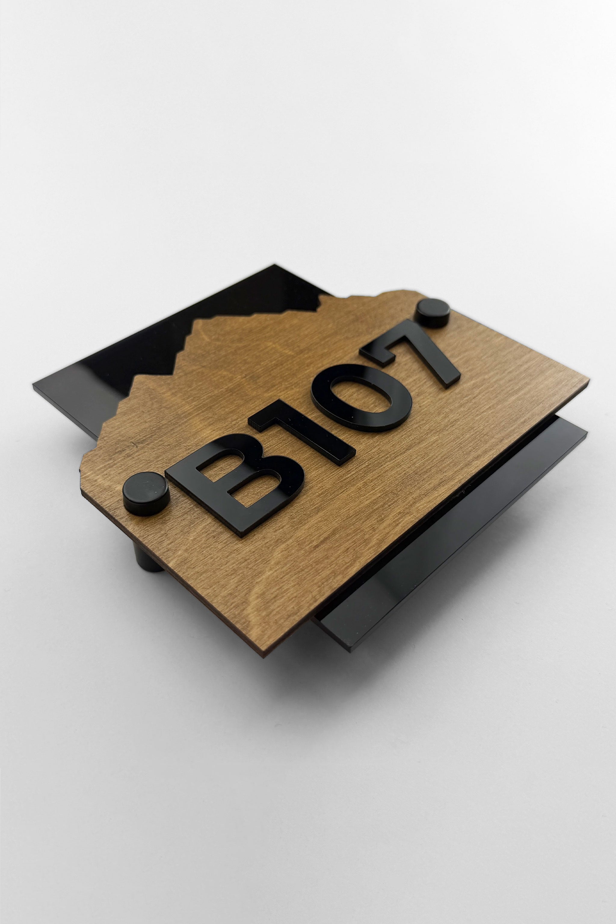 ALUMADESIGNCO Alpine wooden hotel door number plaque with standoff mounting and raised acrylic characters, modern room signage for hospitality interiors