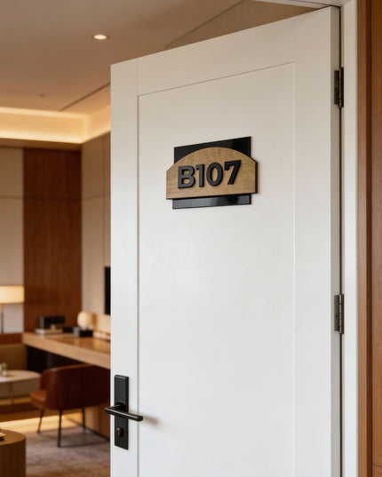 Wood door number sign by ALUMADESIGNCO crafted from birch plywood and black acrylic numbers, modern apartment door number plaque for hotels and Airbnb interiors