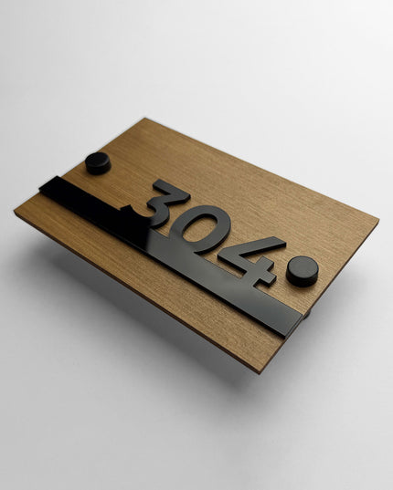 Premium Horizon wooden standoff wall number sign by ALUMADESIGNCO with natural wood base and acrylic numbers for modern apartment doors and hotel corridors