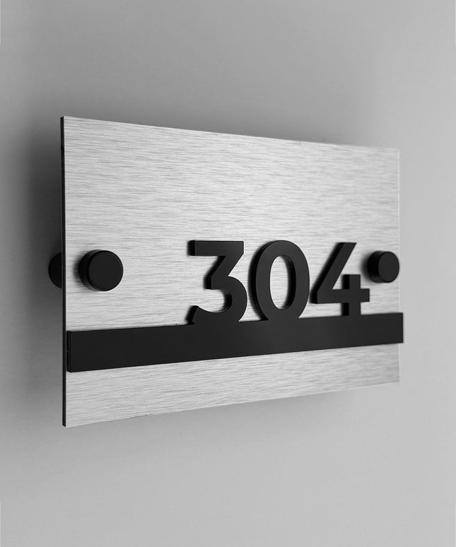 ALUMADESIGNCO modern standoff mounted hotel room number sign Horizon Design with minimalist style, elegant door signage for hotels and contemporary interiors