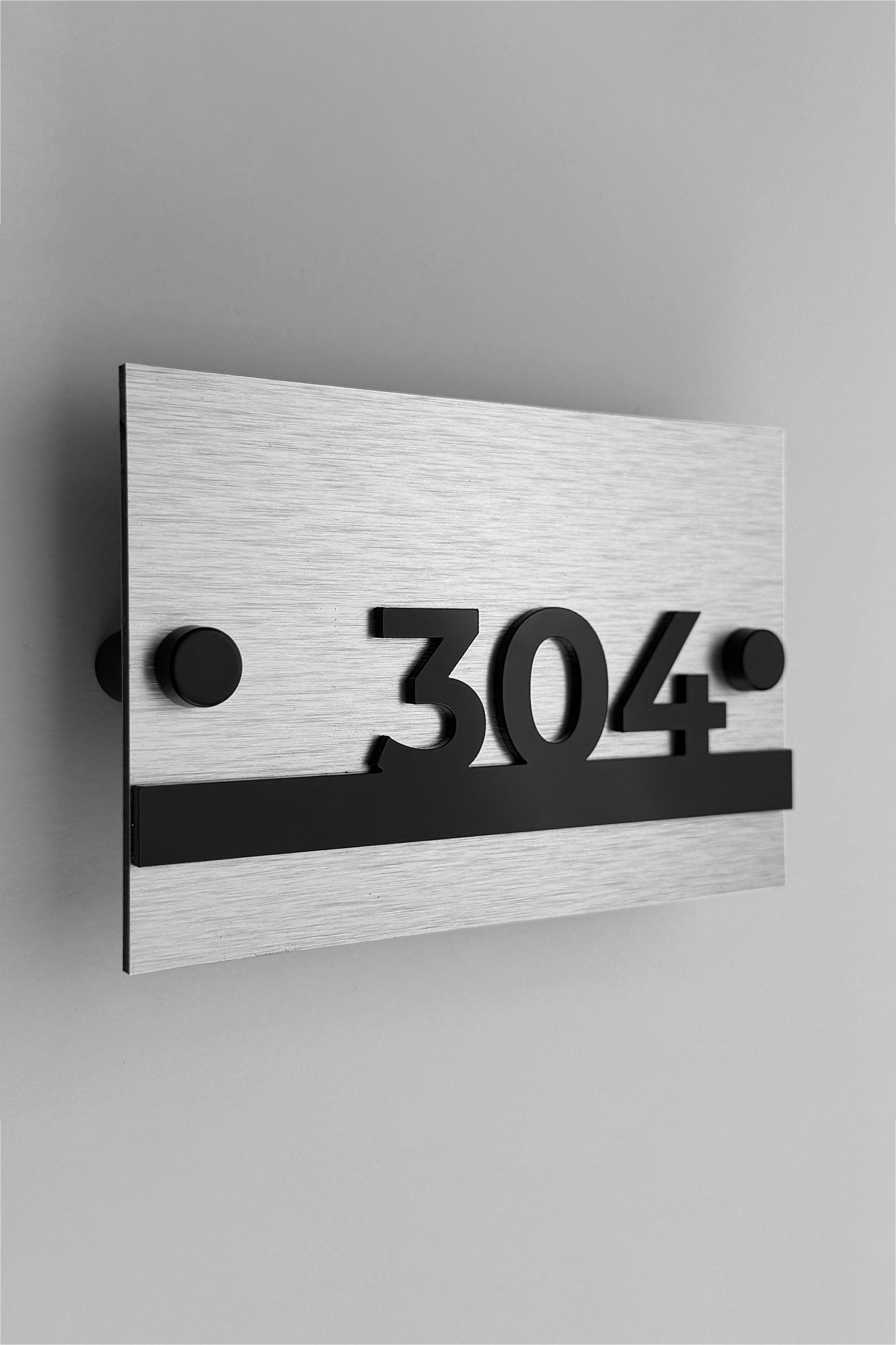 ALUMADESIGNCO modern standoff mounted hotel room number sign Horizon Design with minimalist style, elegant door signage for hotels and contemporary interiors
