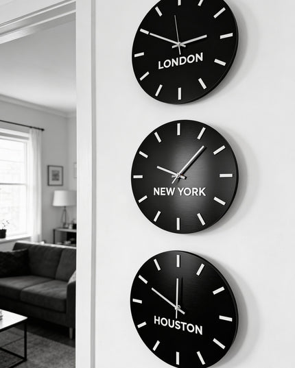 ALUMADESIGNCO personalized world time zone clock in brushed black and white acrylic glass, modern wall décor with custom city names for offices, hotels, studios, and contemporary interiors