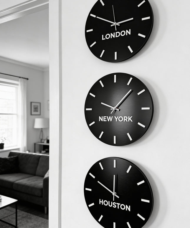 ALUMADESIGNCO personalized world time zone clock in brushed black and white acrylic glass, modern wall décor with custom city names for offices, hotels, studios, and contemporary interiors