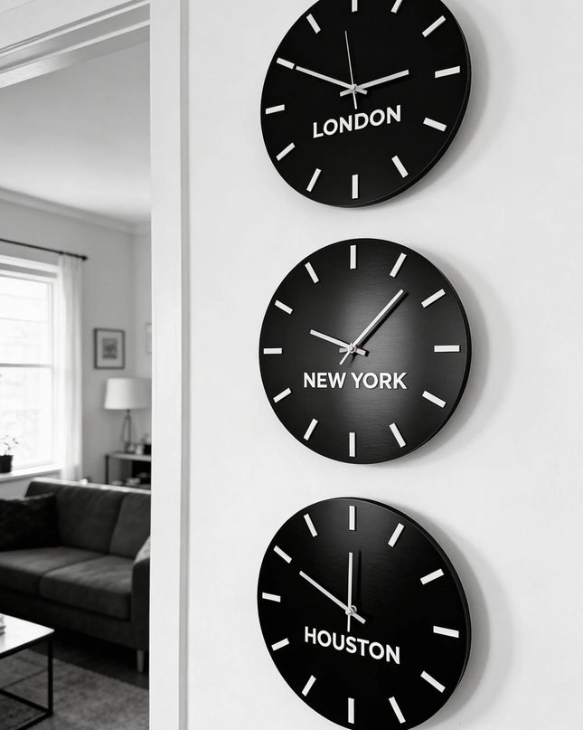 ALUMADESIGNCO personalized world time zone clock in brushed black and white acrylic glass, modern wall décor with custom city names for offices, hotels, studios, and contemporary interiors