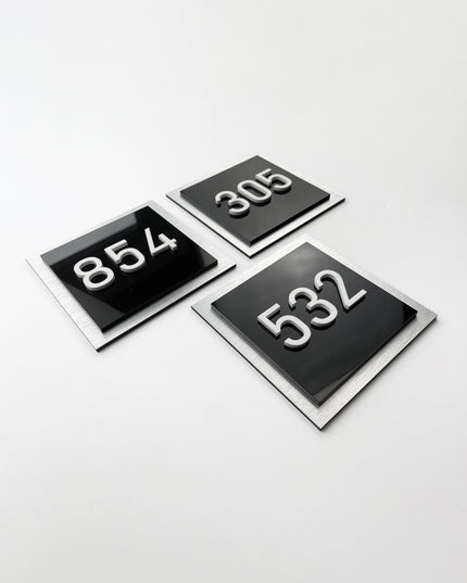 ALUMADESIGNCO layered apartment door number sign with 3D acrylic numbers, premium hotel signage for residential buildings and hospitality interiors