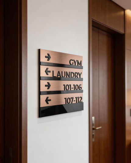 ALUMADESIGNCO Bronze Modern wall plaque wayfinding sign with elegant directional text, premium signage for offices, hotels, apartments, and contemporary interiors